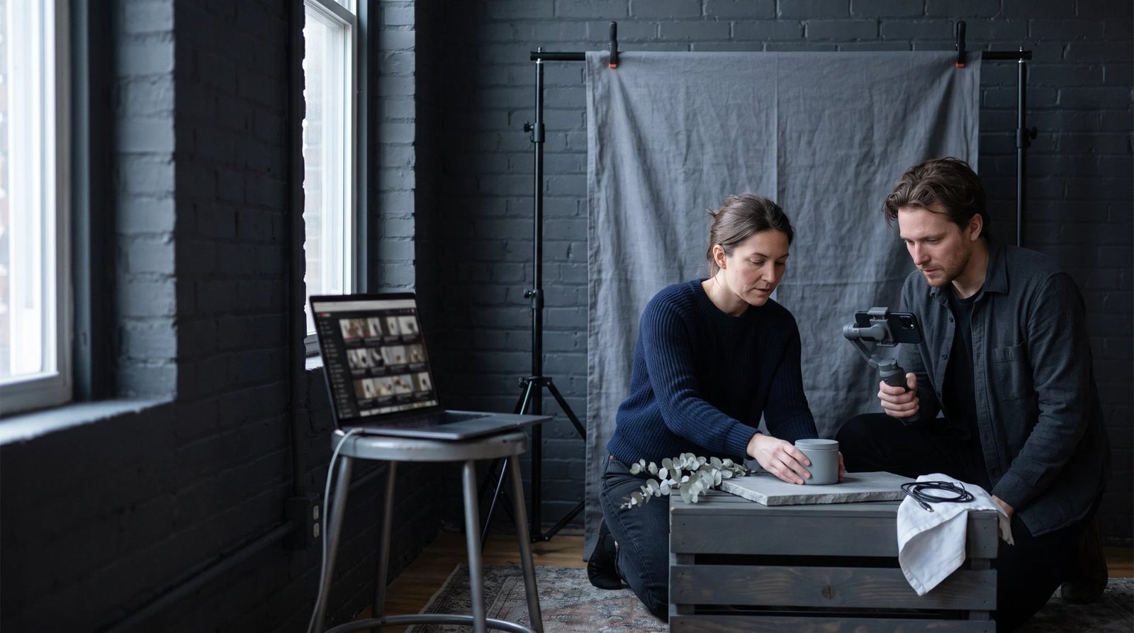 A woman in a navy sweater placing a gray candle tin on a stone slab atop a wooden crate while a man in a charcoal overshirt films it with a phone on a gimbal, in front of a gray linen backdrop and a dark brick wall, with a laptop on a stool by the window